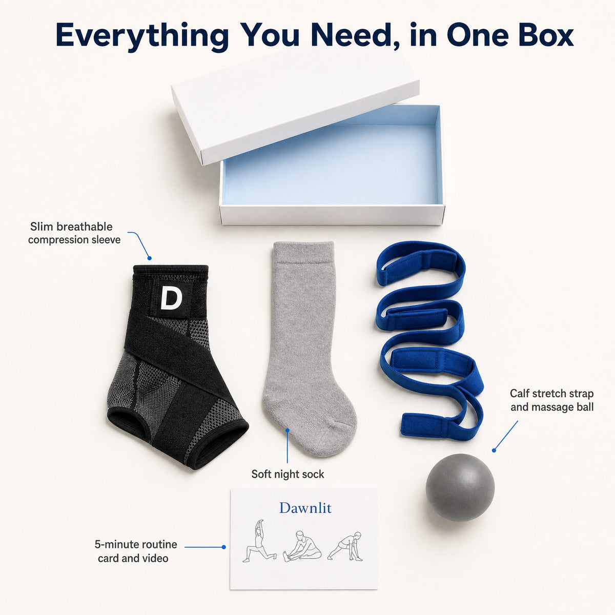 The Dawnlit kit laid flat beside its box: slim sleeve, soft night sock, calf stretch strap, massage ball and 5-minute routine card.