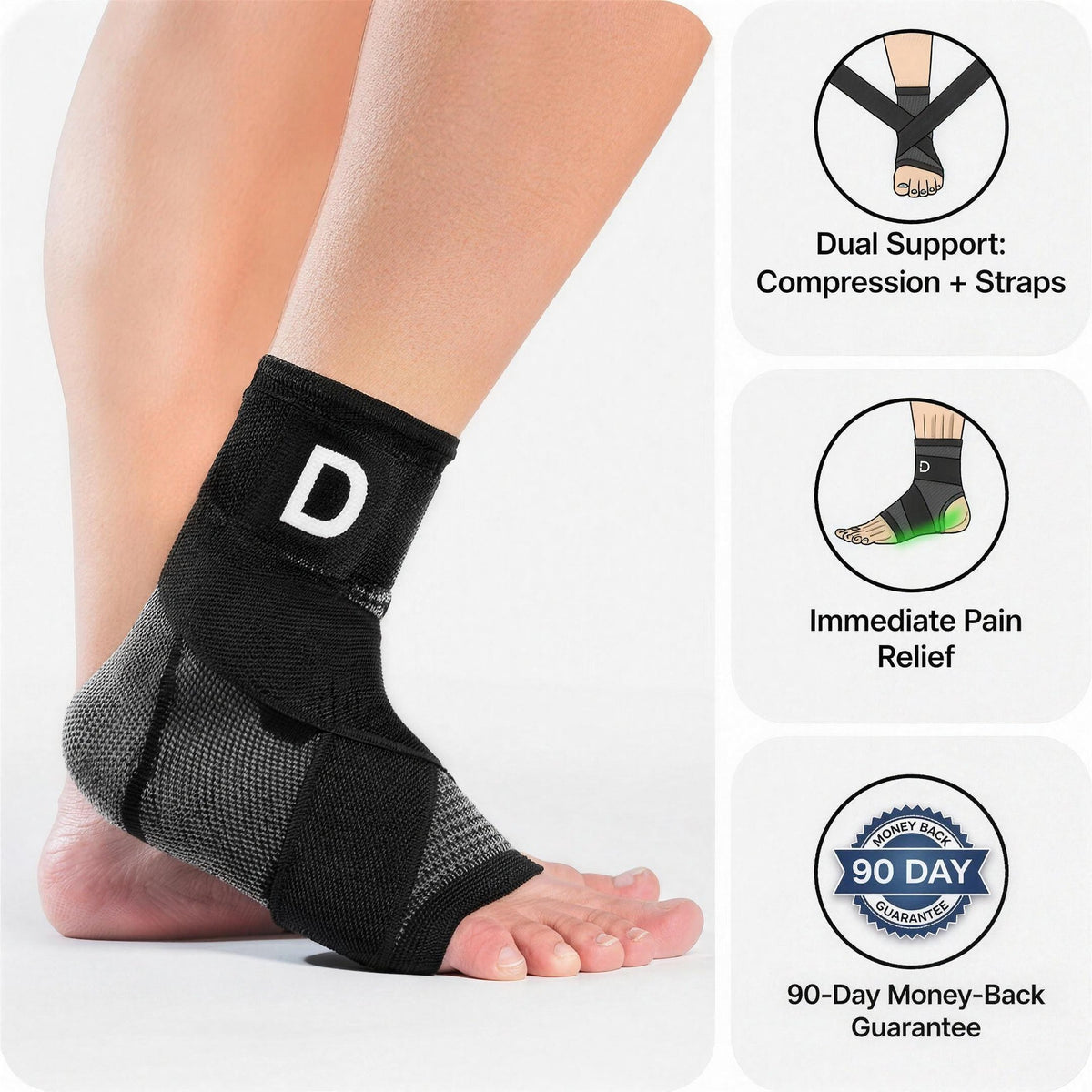 Close-up of a foot wearing the slim black Dawnlit sleeve with a crossing strap, next to icons for dual support and the 90-day guarantee.