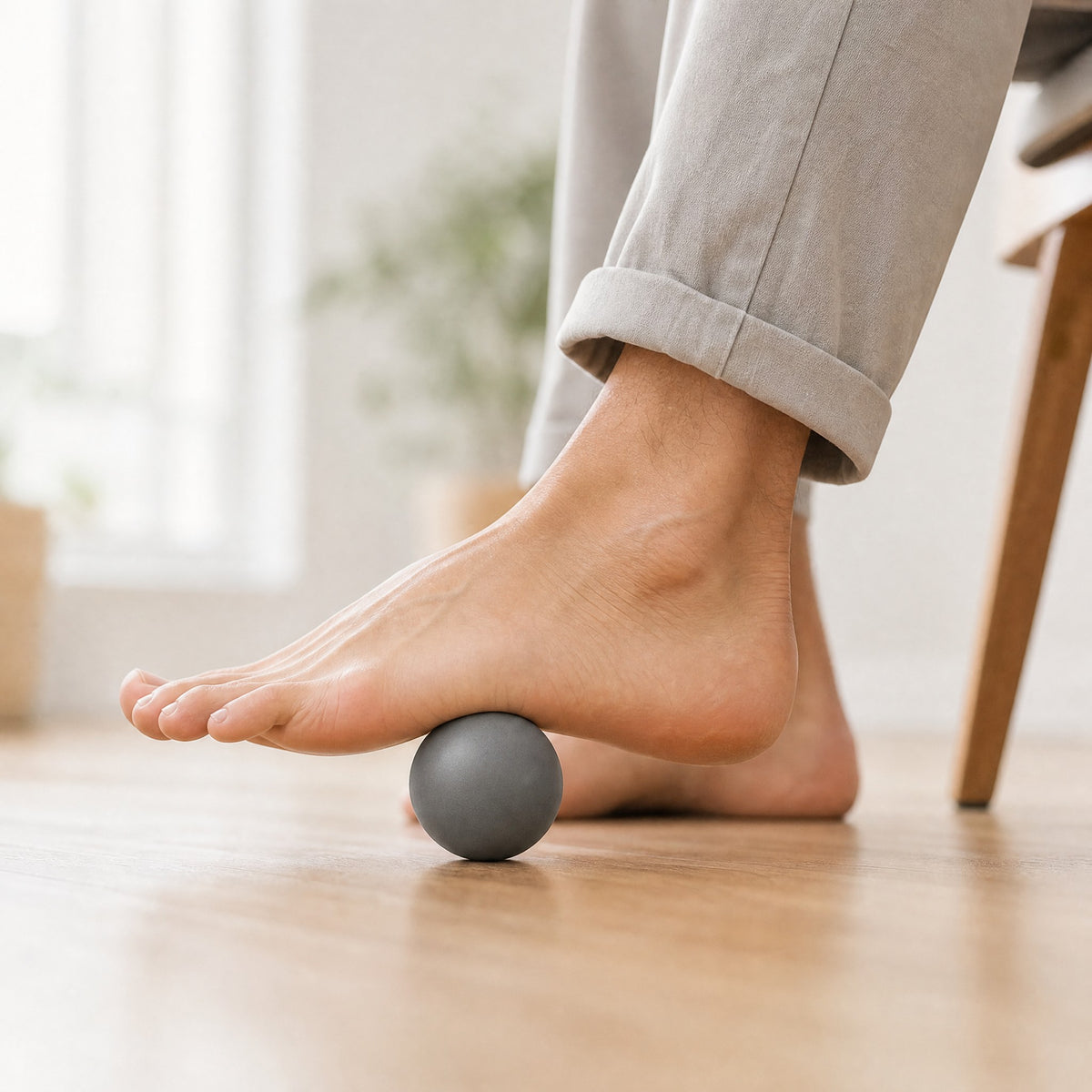 A bare foot resting on the firm grey massage ball under the arch, on a wooden floor.