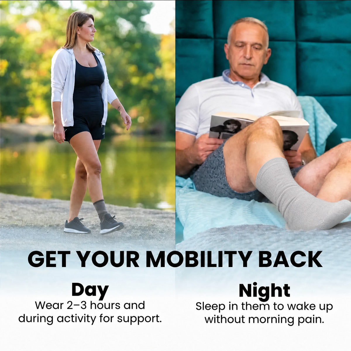 Day and night side by side: a woman walking outdoors with a grey sleeve on her ankle, and a man reading in bed in the grey night sock.