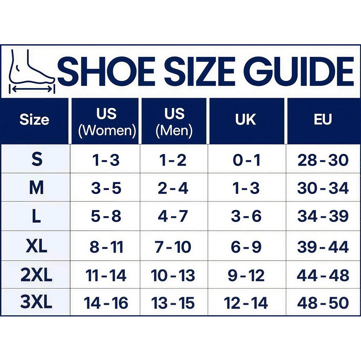 Shoe size guide for sizes S to 3XL, with US women's, US men's, UK and EU shoe sizes.