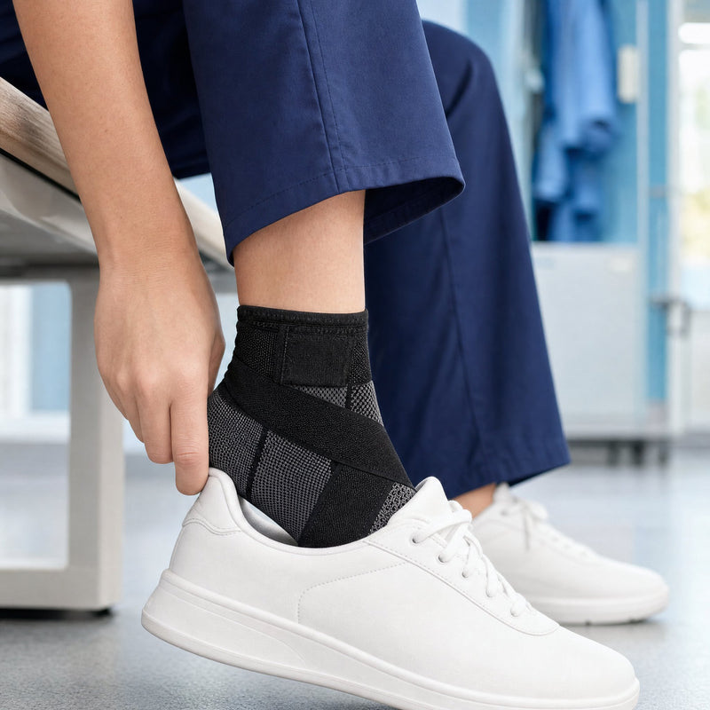Hand slipping a foot wearing a black Dawnlit ankle sleeve into a white sneaker