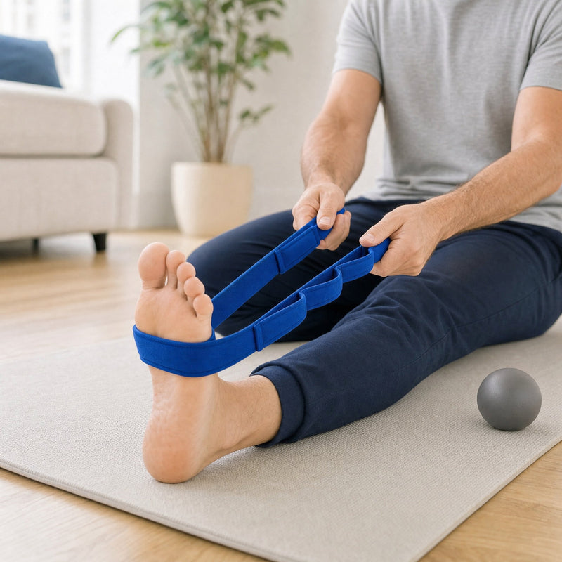 Man seated on a mat stretching his bare foot with a blue strap, gray ball nearby